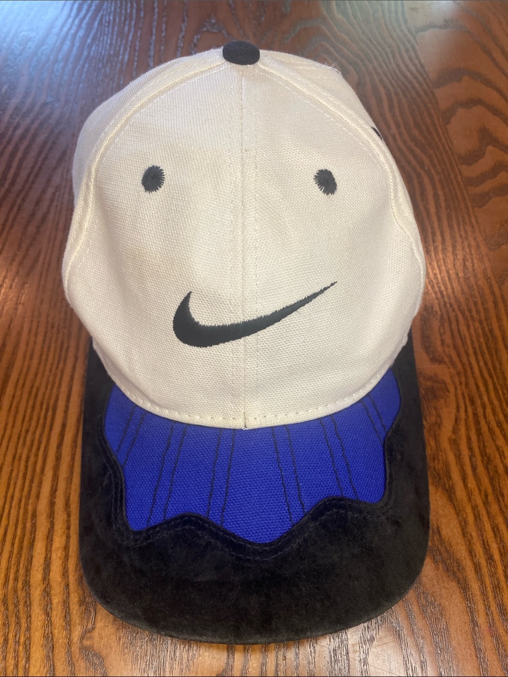 Vintage Nike Two-Tone Smiley Swoosh Cap in White, Blue & Black